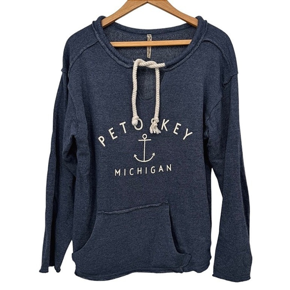 Momentum Petoskey‎ Michigan Pullover Anchor Nautical Graphic Cozy Hoodie Blue L
